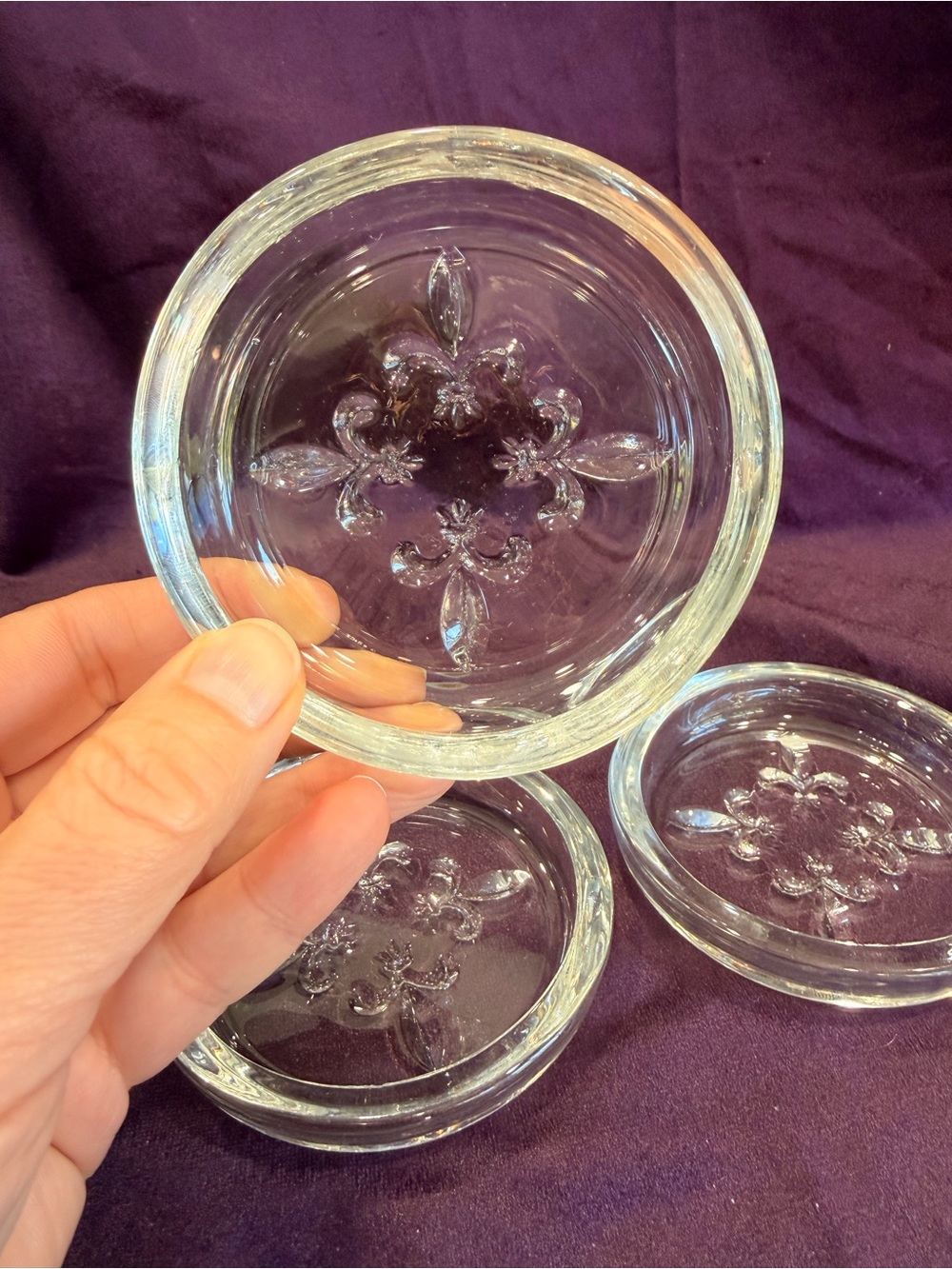 Princess House Clear Glass Fleur-de-Lis Coaster Trio
